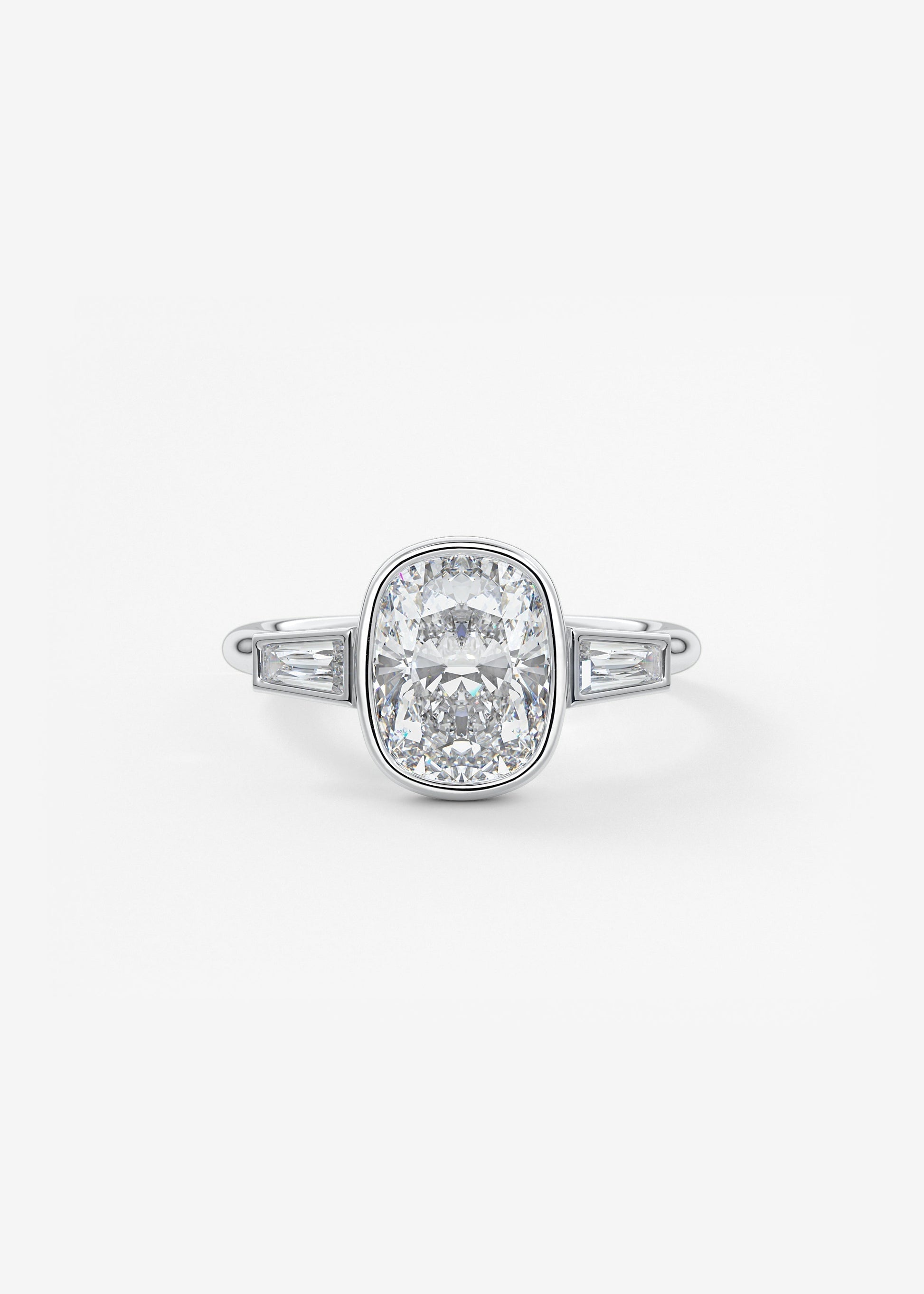 Elongated Cushion Three Stone Bezel Lab Grown Diamond Engagement Ring
