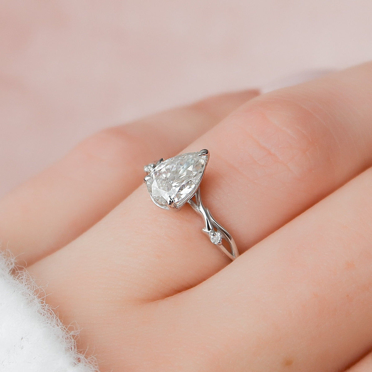 1 CT Pear Twig Pave Lab Grown Diamond Engagement Ring