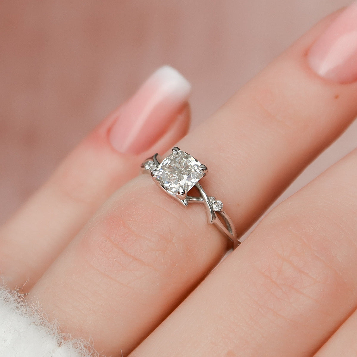 1 CT Cushion Twig Pave Lab Grown Diamond Engagement Ring