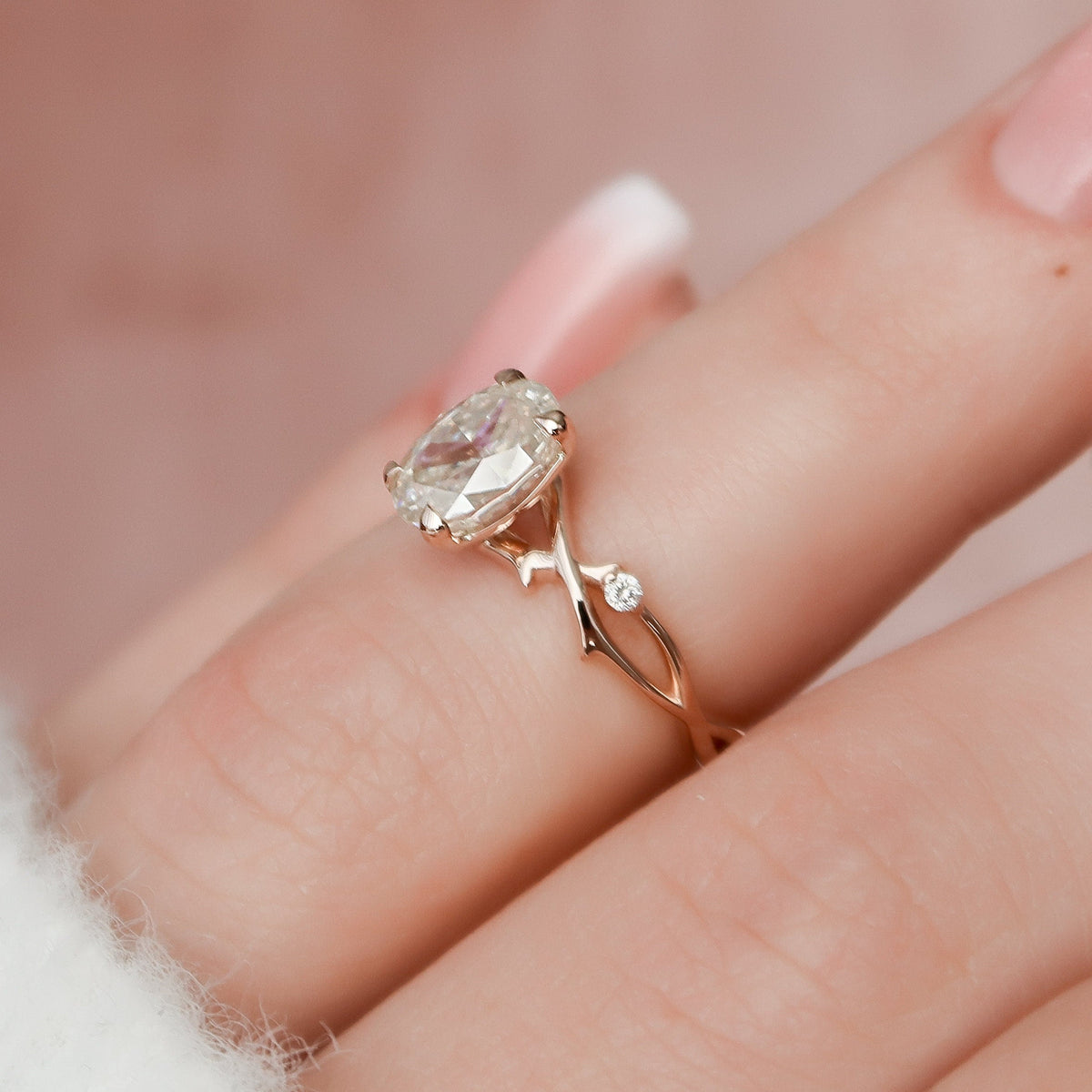 1 CT Oval Twig Pave Lab Grown Diamond Engagement Ring